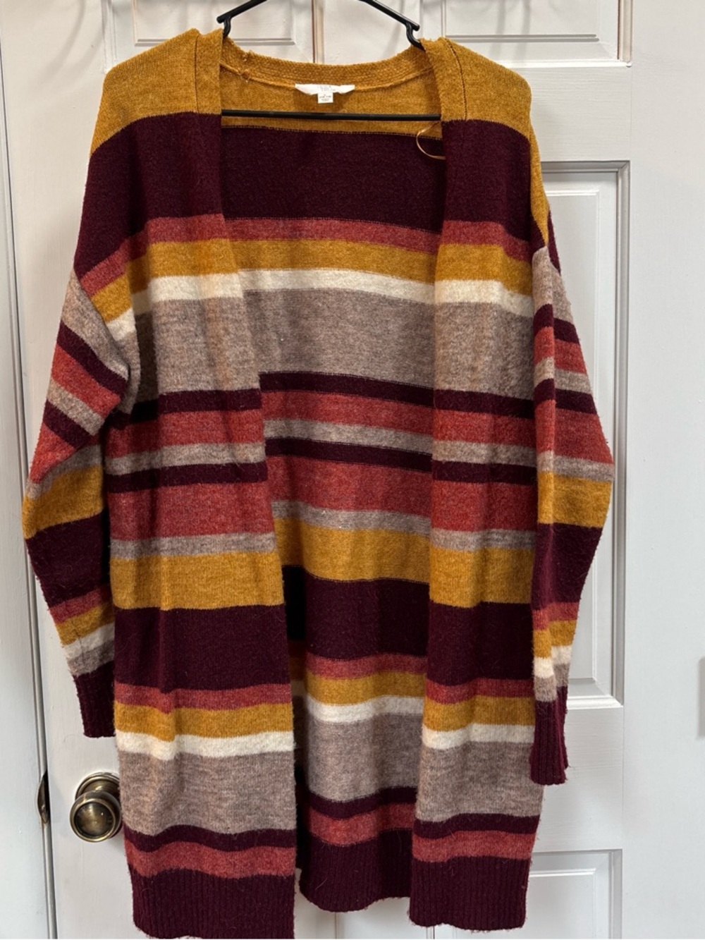 Time and Tru Open-Front Striped Cardigan in Mustard, Burgundy and Rust